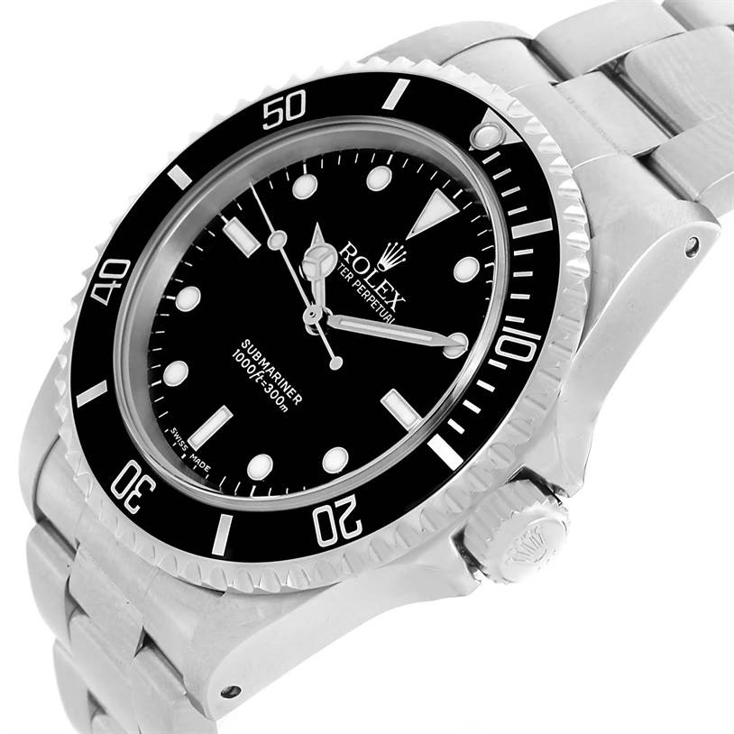 The image shows a side-angle view of the Rolex Submariner 14060 Men
s Stainless Steel Black Dial 14060 Men
s Stainless Steel Black Dial watch, highlighting its bezel, dial, crown, and bracelet.