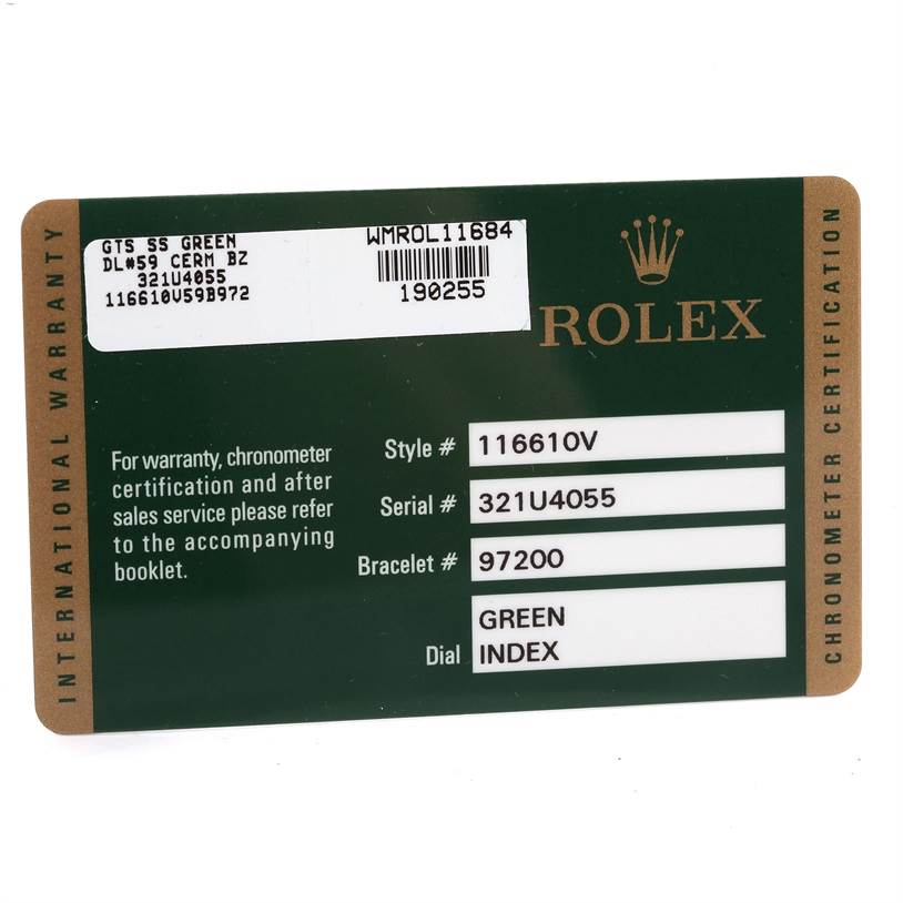 This image shows the international warranty card for a Rolex Submariner 116610LV Men's Stainless Steel Green Dial 116610LV Men's Stainless Steel Green Dial model 116610V, with details about the serial number and bracelet.