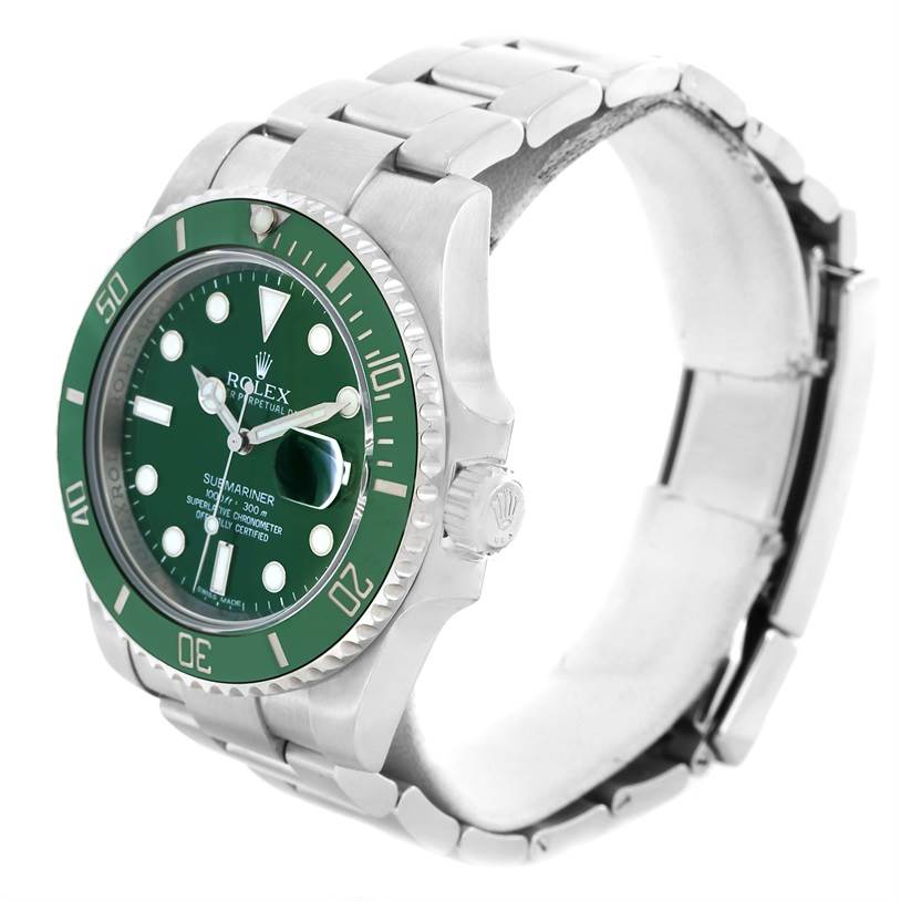 The image shows a Rolex Submariner 116610LV Men's Stainless Steel Green Dial 116610LV Men's Stainless Steel Green Dial watch at a 3/4 angle, highlighting the green bezel, dial, and stainless steel bracelet.