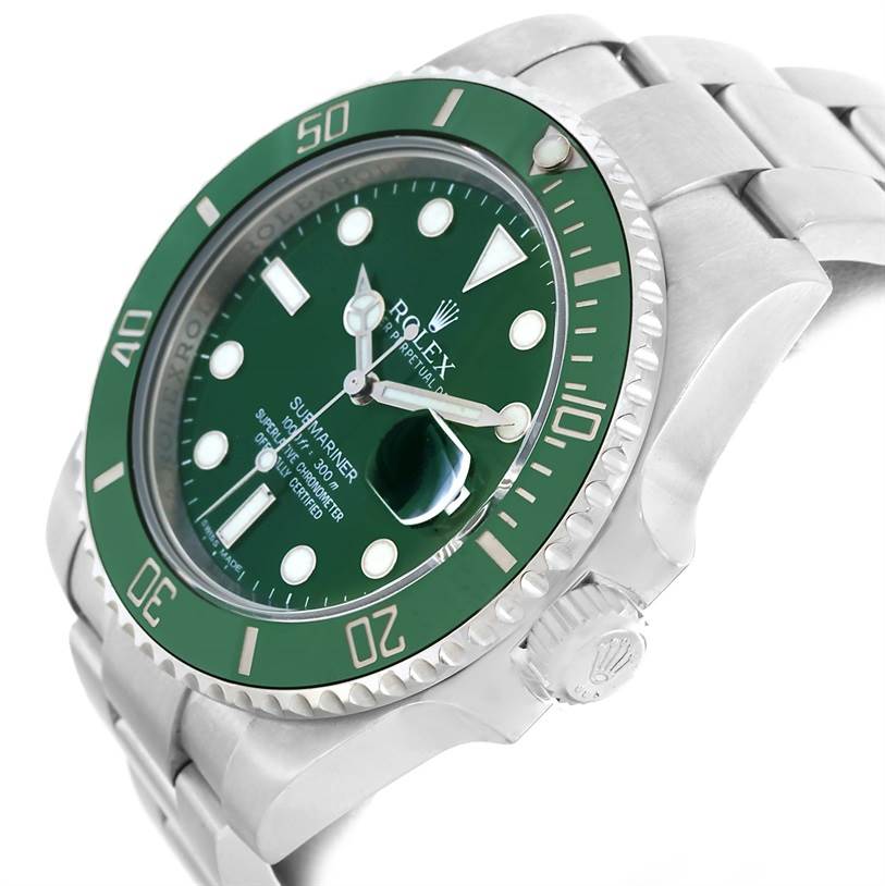 This image shows a close-up angle of the Rolex Submariner 116610LV Men's Stainless Steel Green Dial 116610LV Men's Stainless Steel Green Dial watch, highlighting its green bezel, dial, and stainless steel bracelet.