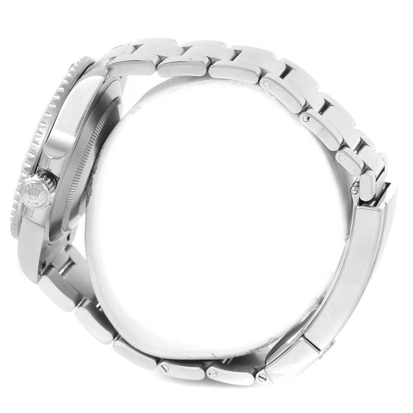 The image shows a side view of a Rolex Submariner 116610LV Men's Stainless Steel Green Dial 116610LV Men's Stainless Steel Green Dial, highlighting the crown, case, and bracelet.