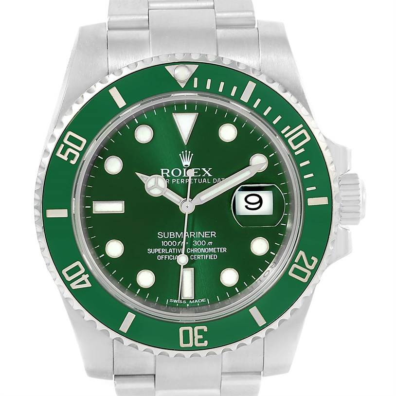 This image shows a front view of a Rolex Submariner 116610LV Men's Stainless Steel Green Dial 116610LV Men's Stainless Steel Green Dial watch, featuring a green bezel and dial with a date display.