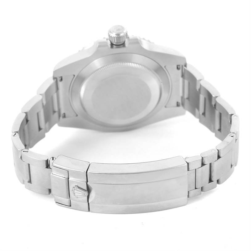 This image shows the back view of a Rolex Submariner 116610LV Men's Stainless Steel Green Dial 116610LV Men's Stainless Steel Green Dial watch, revealing its case back and bracelet clasp.