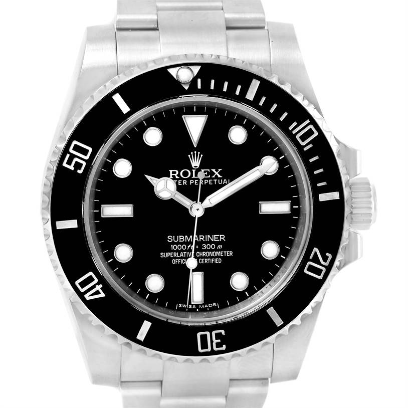 The image shows the front view of a Rolex Submariner 114060 Men
s Stainless Steel Black Dial 114060 Men
s Stainless Steel Black Dial watch, highlighting the dial, bezel, bracelet, and crown.