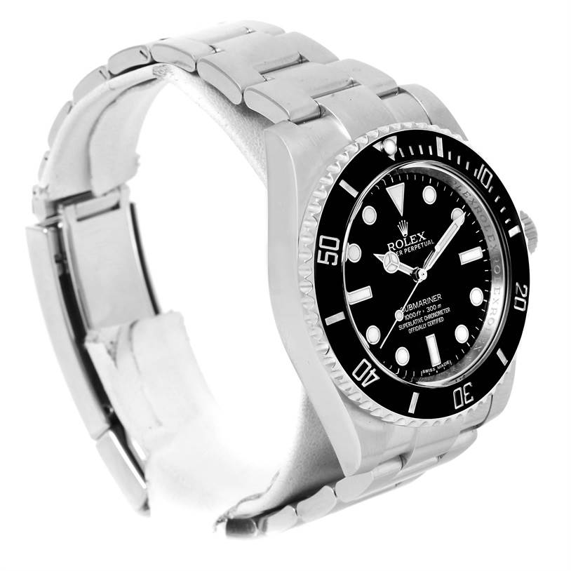 The image shows a Rolex Submariner 114060 Men
s Stainless Steel Black Dial 114060 Men
s Stainless Steel Black Dial watch from a three-quarter angle, highlighting the black dial, bezel, and stainless steel bracelet.