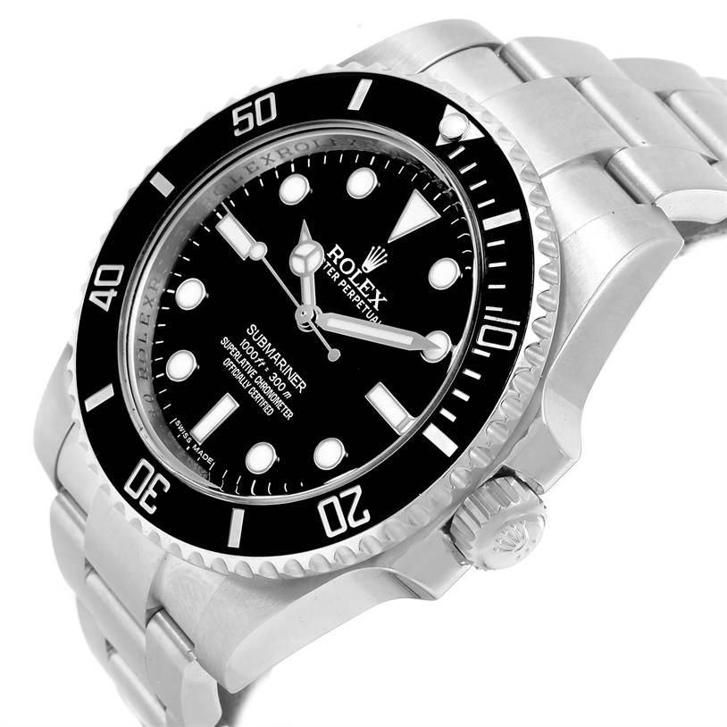 This image shows a Rolex Submariner 114060 Men
s Stainless Steel Black Dial 114060 Men
s Stainless Steel Black Dial watch from an angled side view, highlighting the bezel, dial, and bracelet.