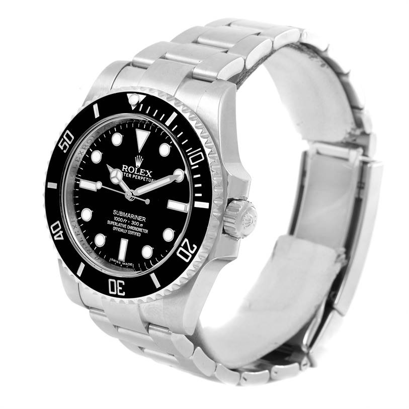 The image shows a close-up angled view of the Rolex Submariner 114060 Men
s Stainless Steel Black Dial 114060 Men
s Stainless Steel Black Dial watch showcasing its dial, bezel, case, crown, and bracelet.