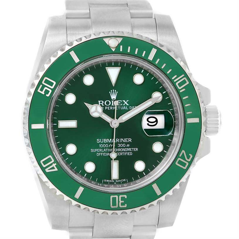 This image shows the face of a Rolex Submariner 116610LV Men's Stainless Steel Green Dial 116610LV Men's Stainless Steel Green Dial watch, including the dial, hands, bezel, crown, and the start of the bracelet.