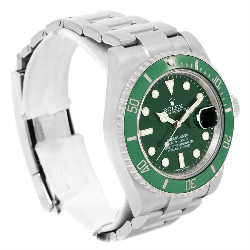 The Rolex Submariner 116610LV Men's Stainless Steel Green Dial 116610LV Men's Stainless Steel Green Dial watch is shown at a three-quarter angle, highlighting its green dial and bezel, stainless steel bracelet, and case.