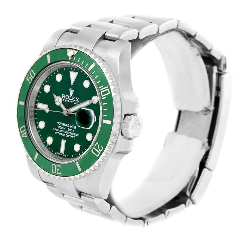 This image shows a front-side view of a Rolex Submariner 116610LV Men's Stainless Steel Green Dial 116610LV Men's Stainless Steel Green Dial watch, highlighting its green dial, bezel, and stainless steel bracelet.