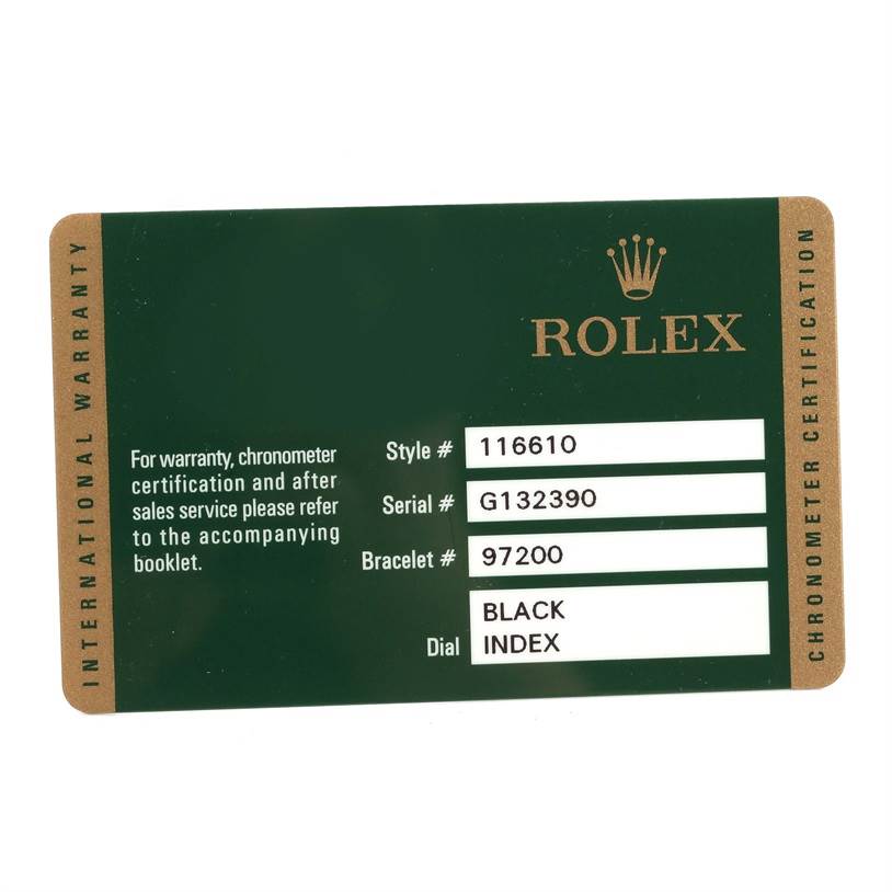 This image shows an International Warranty card for a Rolex Submariner 116610 Men
s Stainless Steel Black Dial 116610 Men
s Stainless Steel Black Dial model with details like style, serial, bracelet number, and dial type.