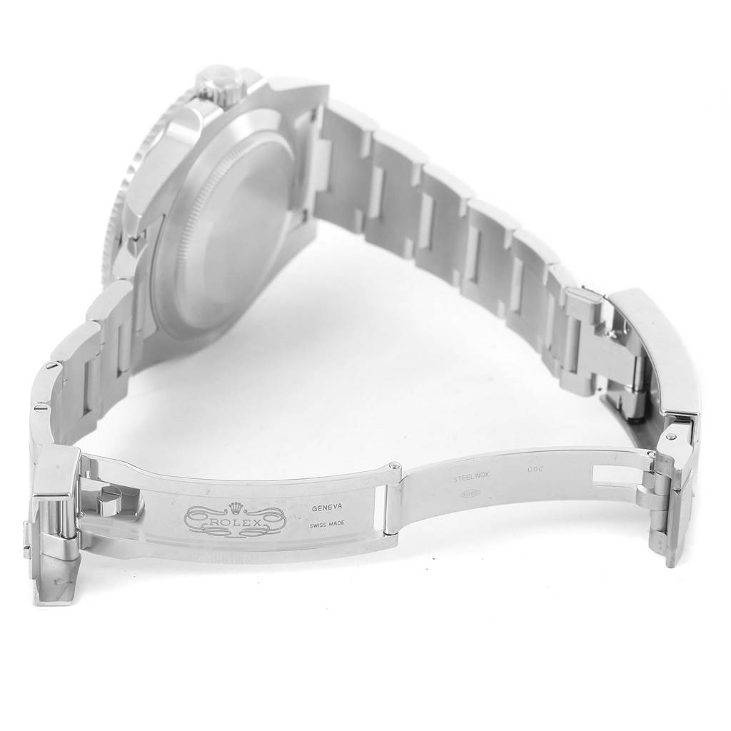 The image shows the back case and bracelet of a Rolex Submariner 114060 Men's Stainless Steel Black Dial 114060 Men's Stainless Steel Black Dial watch with the clasp open, viewed from an angled rear perspective.