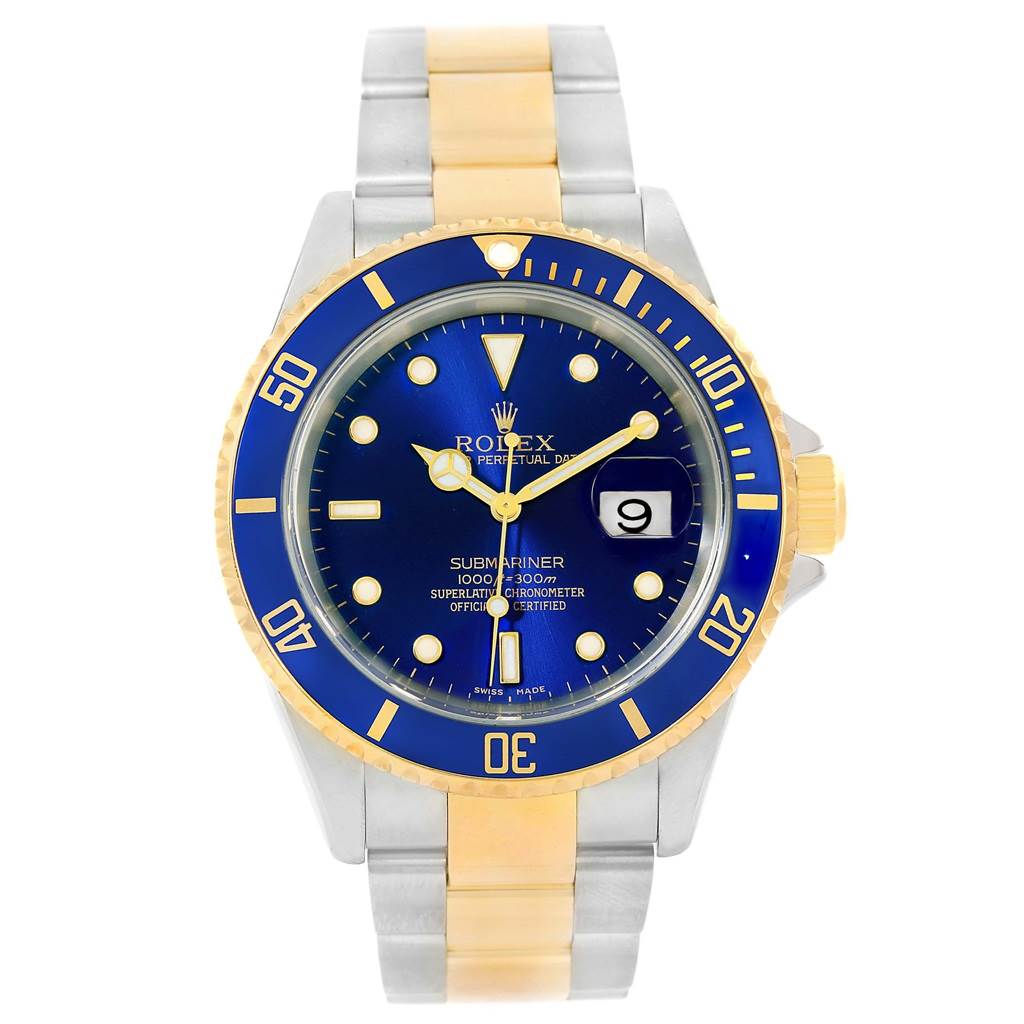 The image shows a front view of a Rolex Submariner 16613 Men
s Steel and Gold (two tone) Blue Dial 16613 Men
s Steel and Gold (two tone) Blue Dial watch featuring a blue dial, gold bezel, and a two-tone metal bracelet.