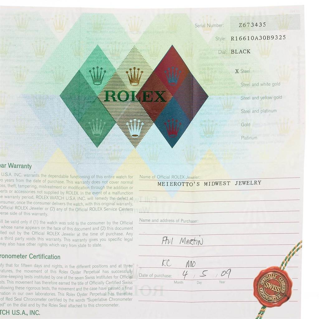 The image shows the warranty certificate for the Rolex Submariner 16610 Men
s Stainless Steel Black Dial 16610 Men
s Stainless Steel Black Dial watch, indicating details such as serial number and purchase date.