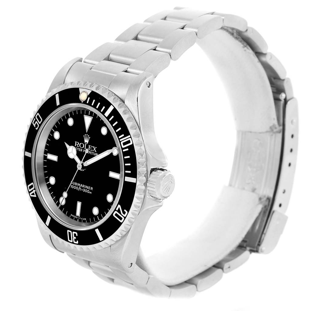The Rolex Submariner 14060 Men
s Stainless Steel Black Dial 14060 Men
s Stainless Steel Black Dial watch is shown at a three-quarter angle, displaying the bezel, dial, crown, and bracelet.