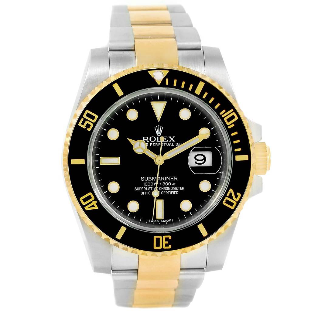 The image shows a front view of the Rolex Submariner 116613 Men
s Steel and Gold (two tone) Black Dial 116613 Men
s Steel and Gold (two tone) Black Dial watch, highlighting the dial, bezel, and band.