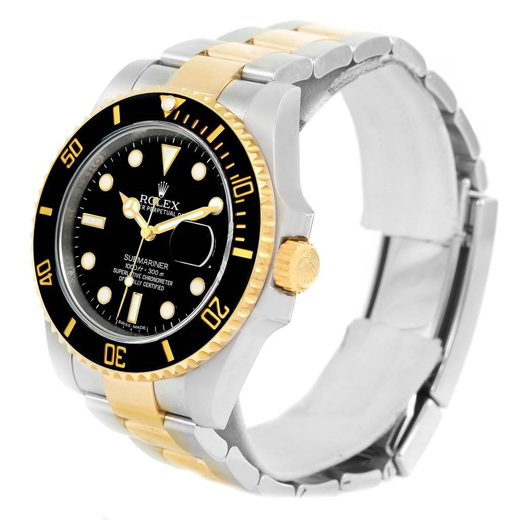 The image shows a side angle of a Rolex Submariner 116613 Men
s Steel and Gold (two tone) Black Dial 116613 Men
s Steel and Gold (two tone) Black Dial watch, highlighting its black dial, gold bezel, and two-tone bracelet.