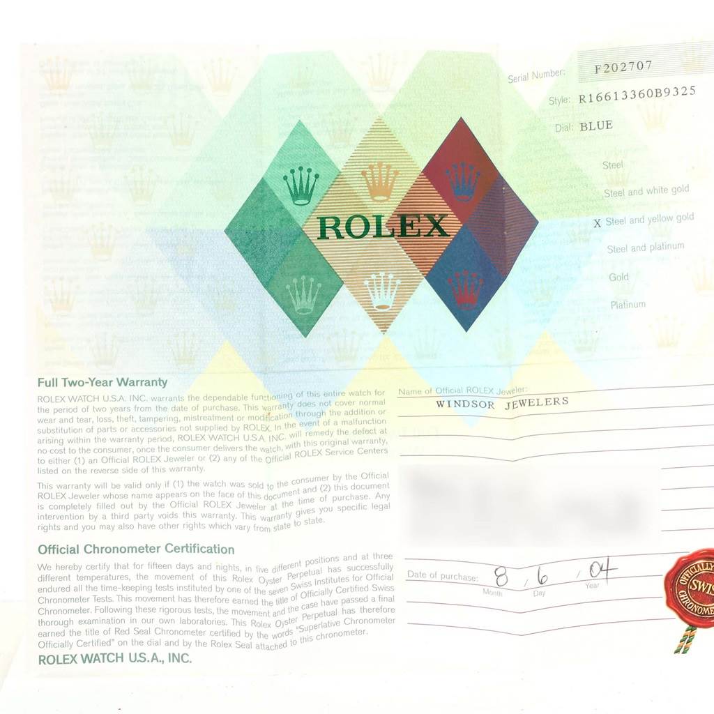The image shows a warranty and certification card for the Rolex Submariner 16613 Men
s Steel and Gold (two tone) Blue Dial 16613 Men
s Steel and Gold (two tone) Blue Dial watch.