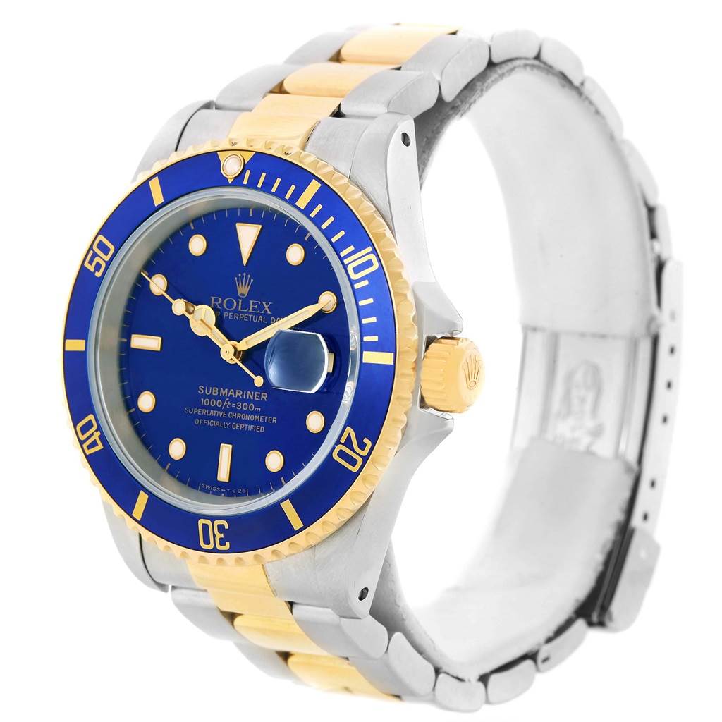 The Rolex Submariner 16613 Men
s Steel and Gold (two tone) Blue Dial 16613 Men
s Steel and Gold (two tone) Blue Dial watch is shown in a slightly angled side view, displaying the face, bezel, crown, and part of the bracelet.