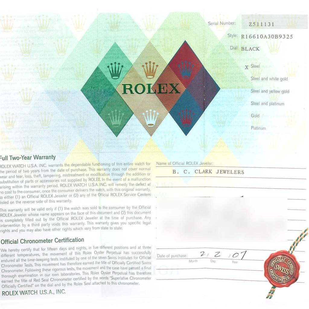 This image shows the warranty card for a Rolex Submariner 16610 Men
s Stainless Steel Black Dial 16610 Men
s Stainless Steel Black Dial watch, including serial number, style, dial, and purchase details.