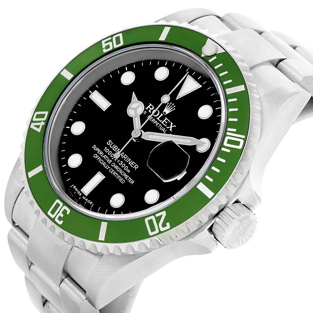 This image shows a close-up, angled view of a Rolex Submariner 16610LV Men
s Stainless Steel Black Dial 16610LV Men
s Stainless Steel Black Dial watch, displaying the green bezel, dial, crown, and part of the bracelet.