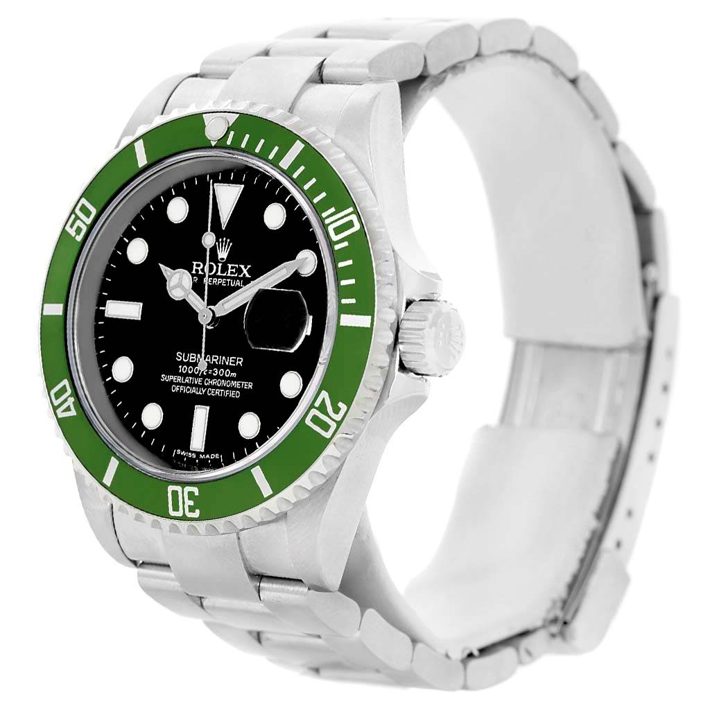 The image shows a Rolex Submariner 16610LV Men
s Stainless Steel Black Dial 16610LV Men
s Stainless Steel Black Dial watch at a three-quarter angle, highlighting its green bezel, black dial, and bracelet.