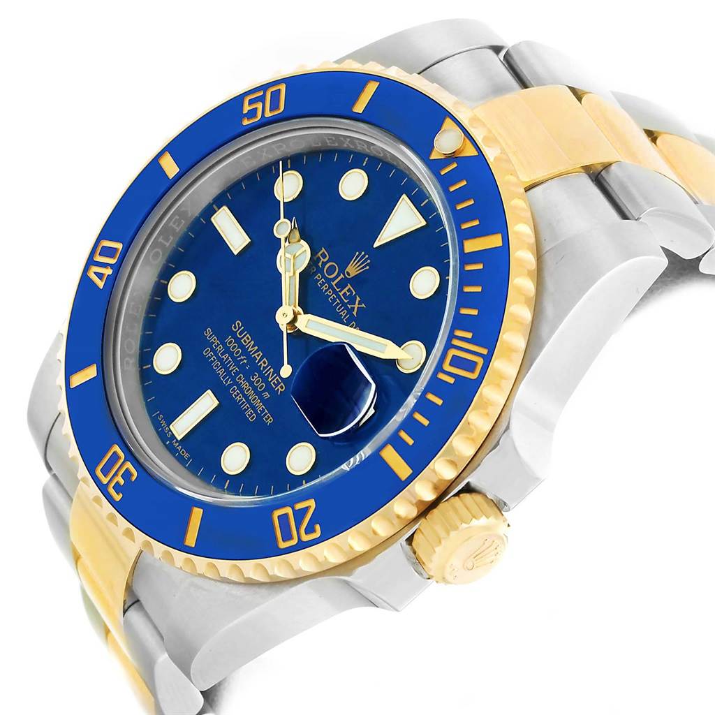 This image shows a close-up angle of the Rolex Submariner 116613 Men
s Steel and Gold (two tone) Blue Dial 116613 Men
s Steel and Gold (two tone) Blue Dial watch, highlighting its blue dial, bezel, and two-tone bracelet.