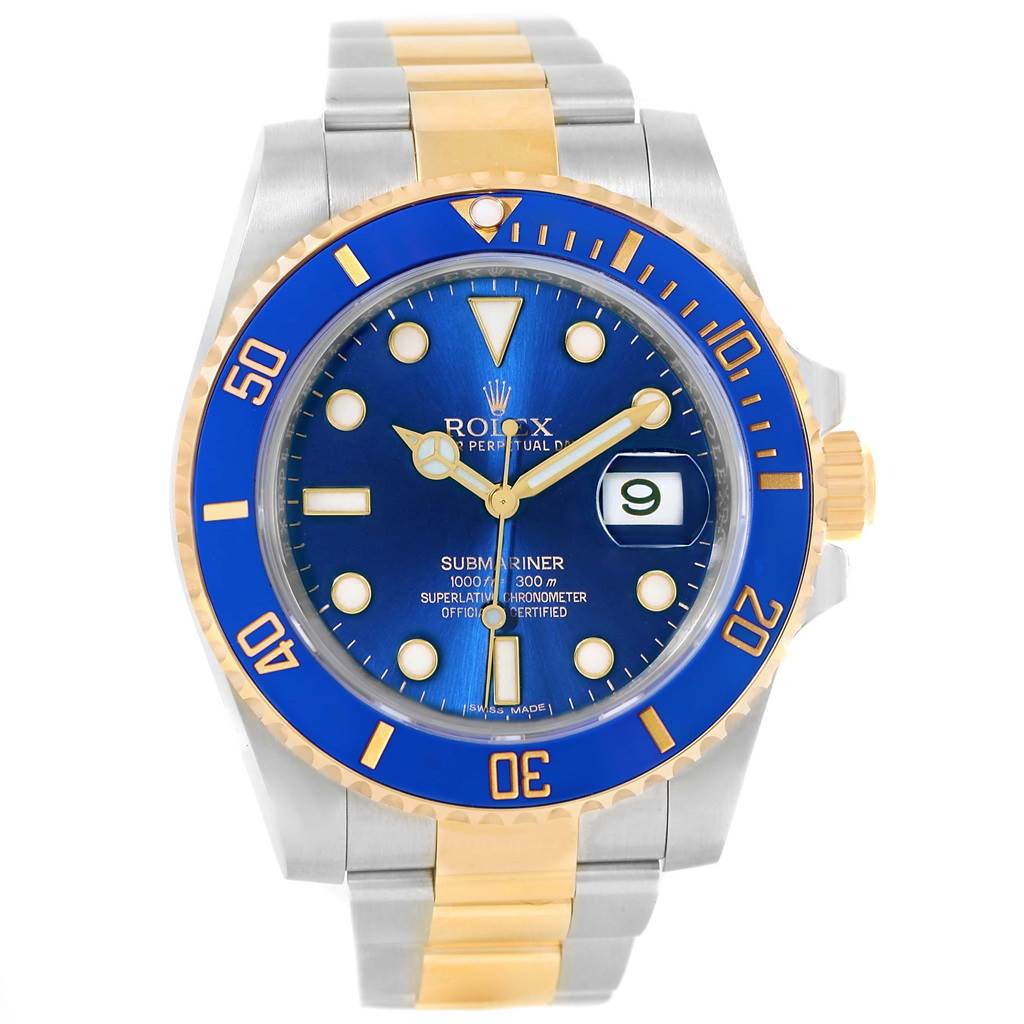 This image shows a Rolex Submariner 116613 Men
s Steel and Gold (two tone) Blue Dial 116613 Men
s Steel and Gold (two tone) Blue Dial watch from a front angle, highlighting its blue dial, date display, and two-tone bracelet.