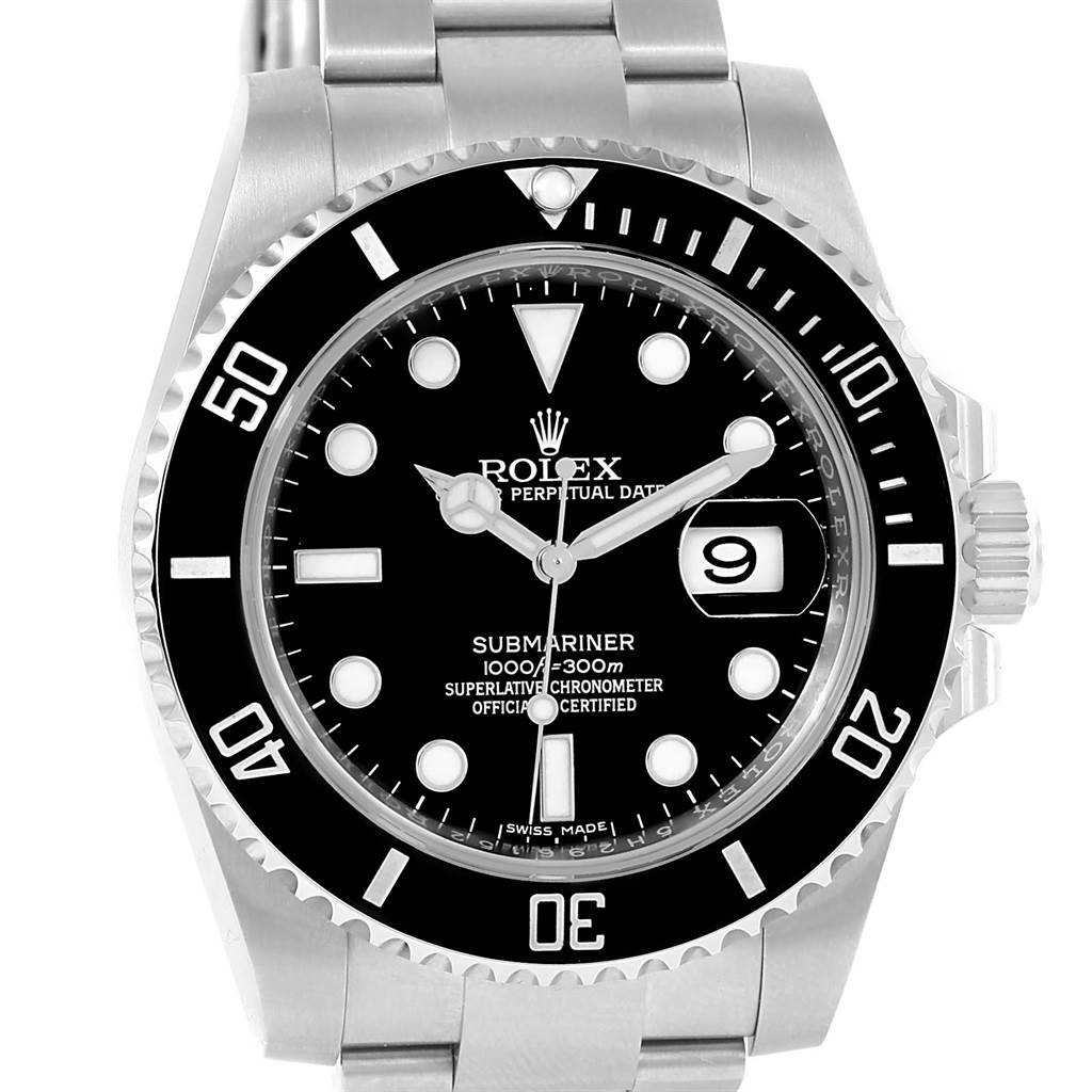 The image shows the front view of a Rolex Submariner 116610 Men
s Stainless Steel Black Dial 116610 Men
s Stainless Steel Black Dial watch, highlighting the dial, bezel, and bracelet.
