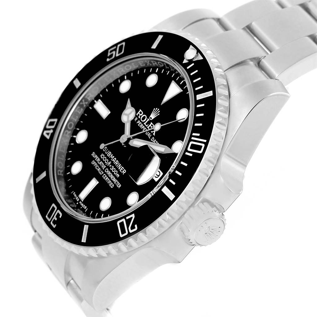 This image shows a side angle of the Rolex Submariner 116610 Men
s Stainless Steel Black Dial 116610 Men
s Stainless Steel Black Dial watch, highlighting the bezel, crown, face, and part of the bracelet.