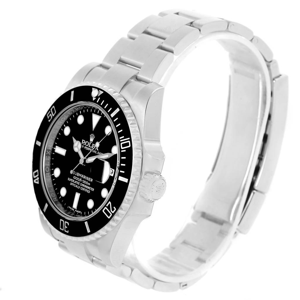 This image shows a side angle view of the Rolex Submariner 116610 Men
s Stainless Steel Black Dial 116610 Men
s Stainless Steel Black Dial, highlighting the bezel, dial, case, and bracelet.