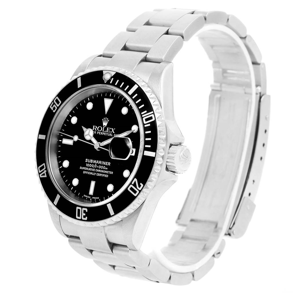 The Rolex Submariner 16610 Men
s Stainless Steel Black Dial 16610 Men
s Stainless Steel Black Dial watch is shown at a three-quarter angle, displaying the face, bezel, crown, and bracelet.