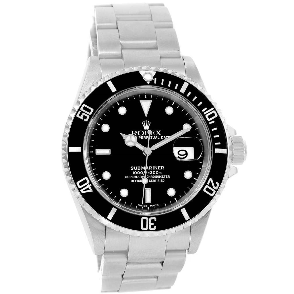The image shows a front view of the Rolex Submariner 16610 Men
s Stainless Steel Black Dial 16610 Men
s Stainless Steel Black Dial watch, highlighting the dial, bezel, and bracelet.