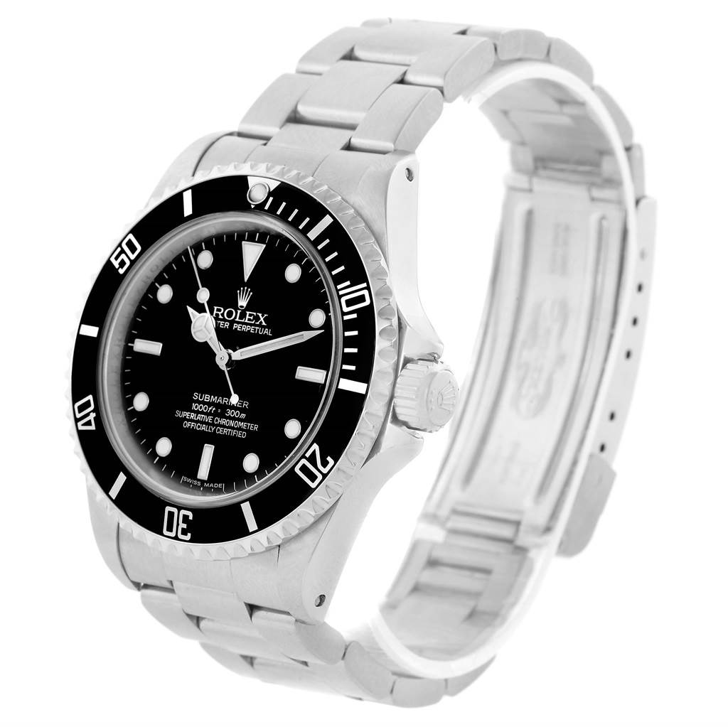 The Rolex Submariner 14060 Men
s Stainless Steel Black Dial 14060 Men
s Stainless Steel Black Dial watch is shown at an angle highlighting the face, bezel, and part of the bracelet.