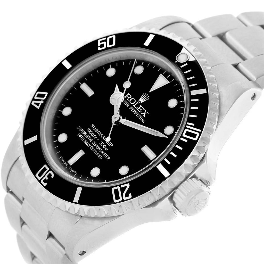 This image shows a close-up, angled view of the Rolex Submariner 14060 Men
s Stainless Steel Black Dial 14060 Men
s Stainless Steel Black Dial watch, highlighting the bezel, face, crown, and part of the bracelet.