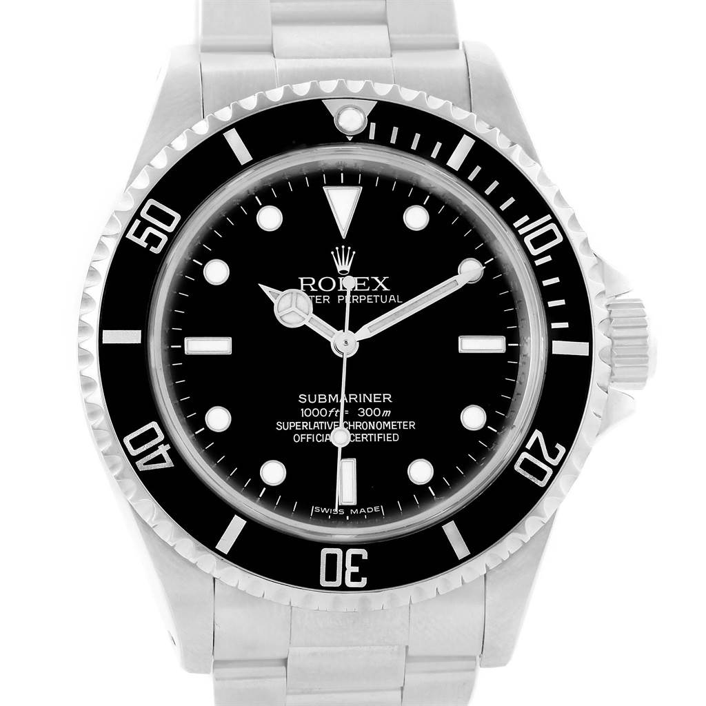 This image shows a front view of a Rolex Submariner 14060 Men
s Stainless Steel Black Dial 14060 Men
s Stainless Steel Black Dial, highlighting the black dial, bezel, and stainless steel band.