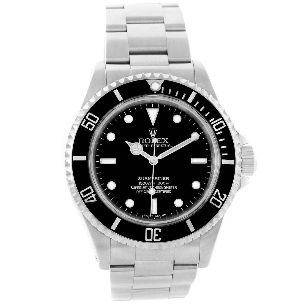 The image shows a front view of a Rolex Submariner 14060 Men
s Stainless Steel Black Dial 14060 Men
s Stainless Steel Black Dial watch, highlighting its black dial, bezel, and stainless steel bracelet.