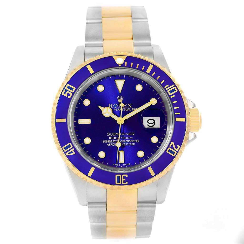 This Rolex Submariner 16613 Men
s Steel and Gold (two tone) Blue Dial 16613 Men
s Steel and Gold (two tone) Blue Dial watch is shown from a front angle, displaying its dial, bezel, and bracelet.
