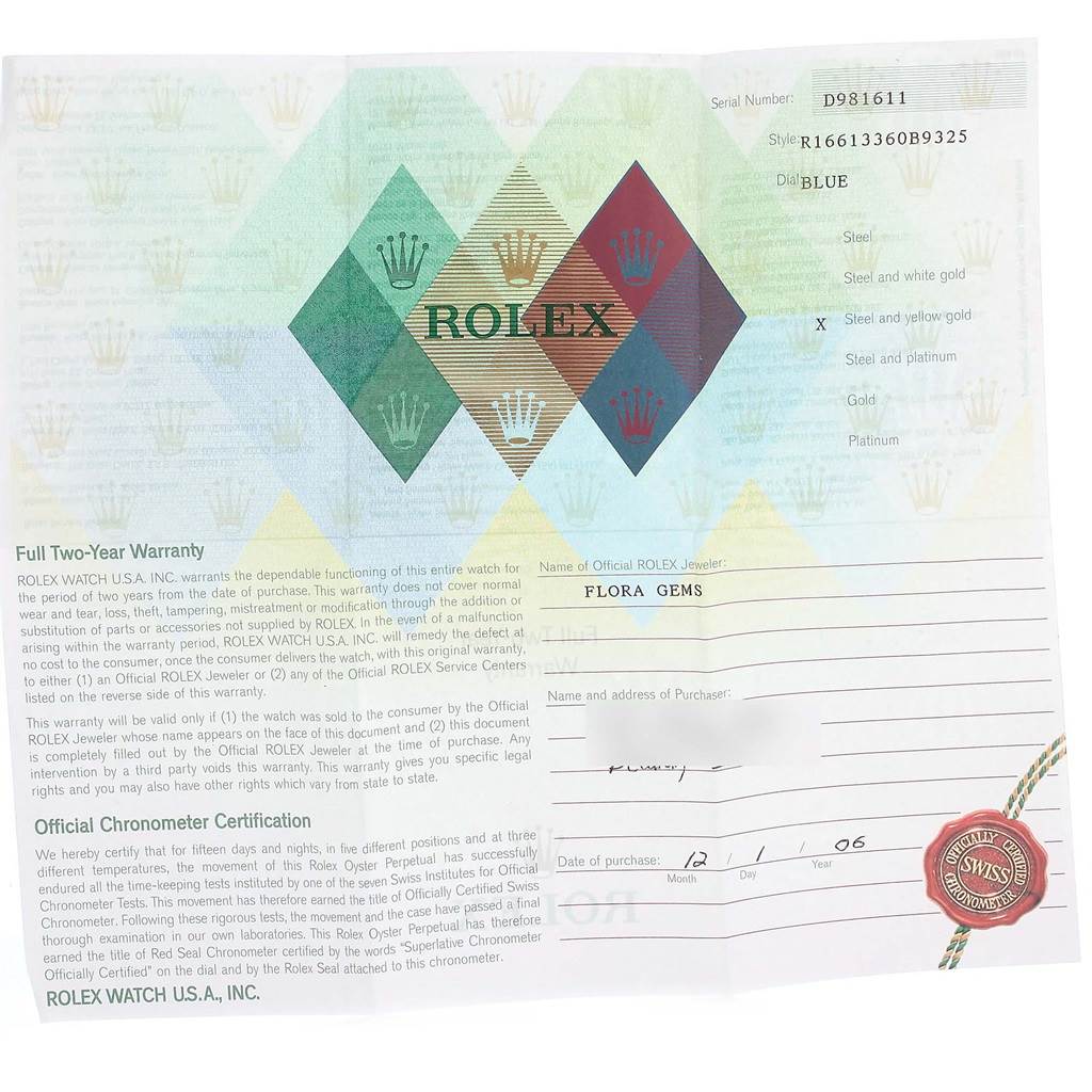 The image shows the warranty card for a Rolex Submariner 16613 Men
s Steel and Gold (two tone) Blue Dial 16613 Men
s Steel and Gold (two tone) Blue Dial model, detailing serial number, style, and official certification.