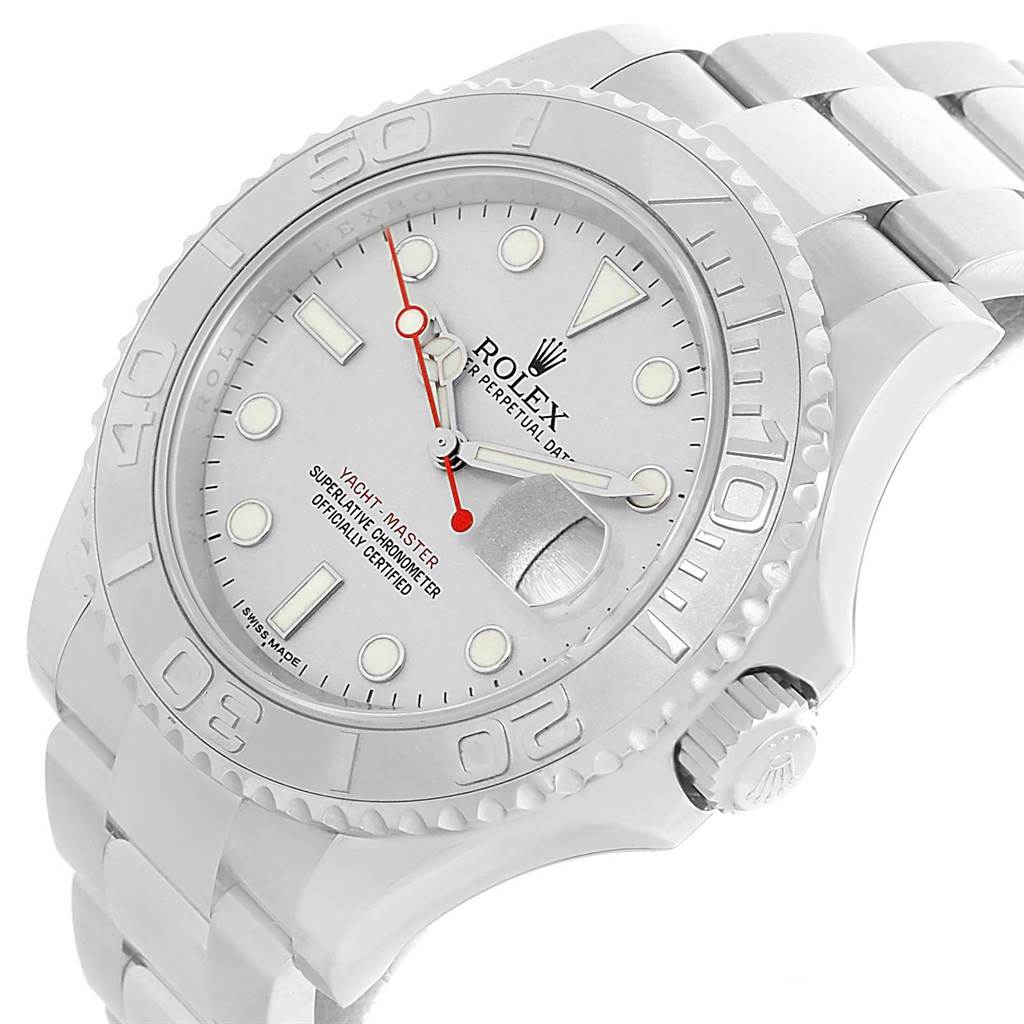 The image shows the face and bracelet of a Rolex Yacht-Master with a close-up angle, not a Submariner model.