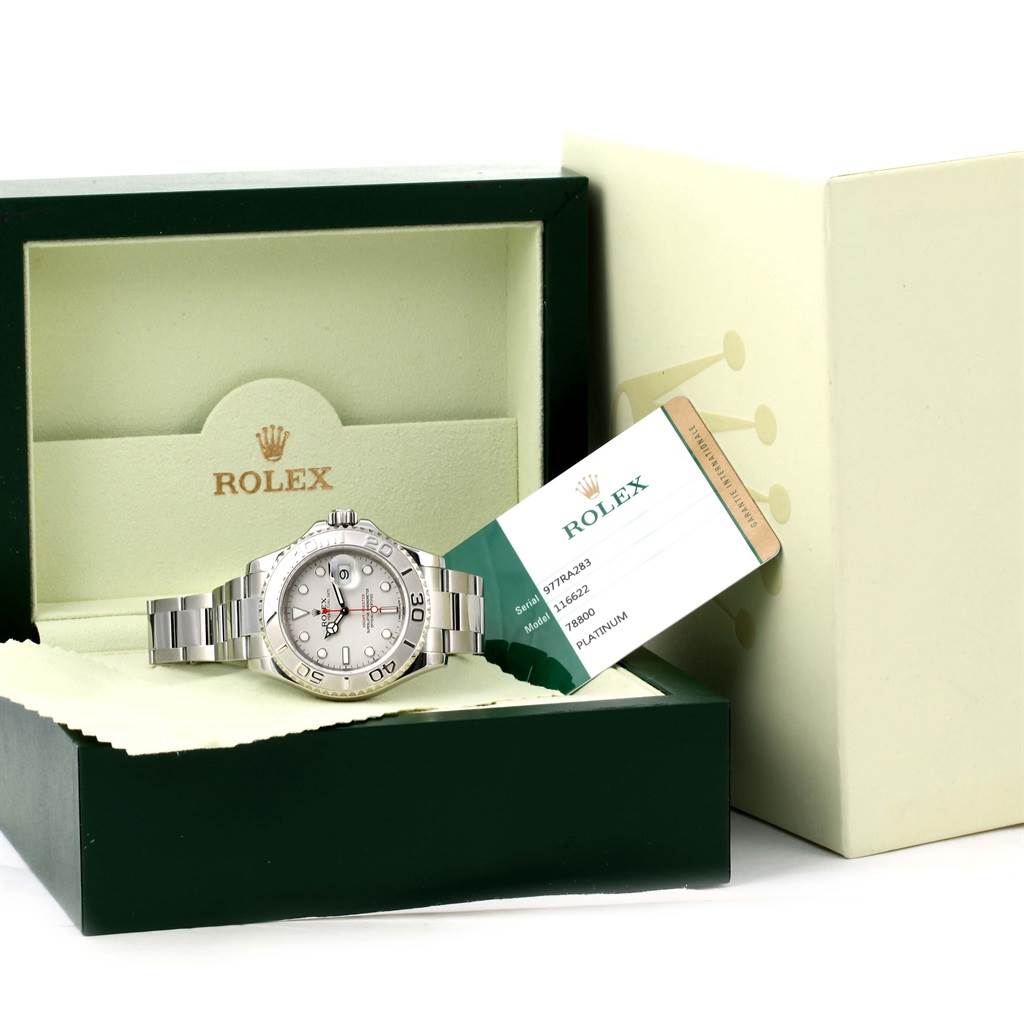 The Rolex Submariner 116622 Men
s Stainless Steel Silver Dial 116622 Men
s Stainless Steel Silver Dial watch is shown at a frontal angle in its open box, alongside its Best Quality
ity card.
