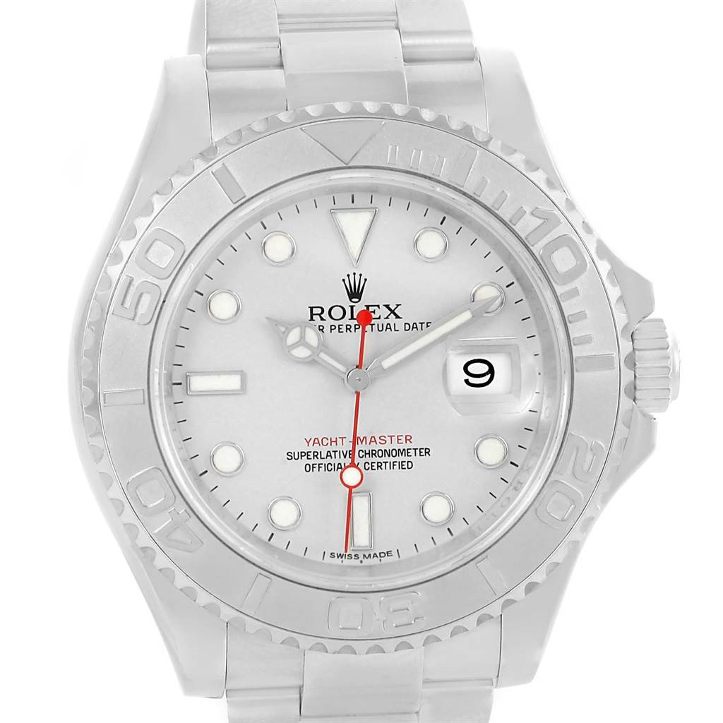 This image shows a front-facing view of a Rolex Yacht-Master watch, displaying its face, bezel, crown, and part of the bracelet.