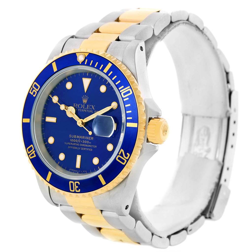 This image shows a side-angle view of a Rolex Submariner 16613 Men's Steel and Gold (two tone) Blue Dial 16613 Men's Steel and Gold (two tone) Blue Dial, highlighting its blue dial, blue bezel, and two-tone bracelet.