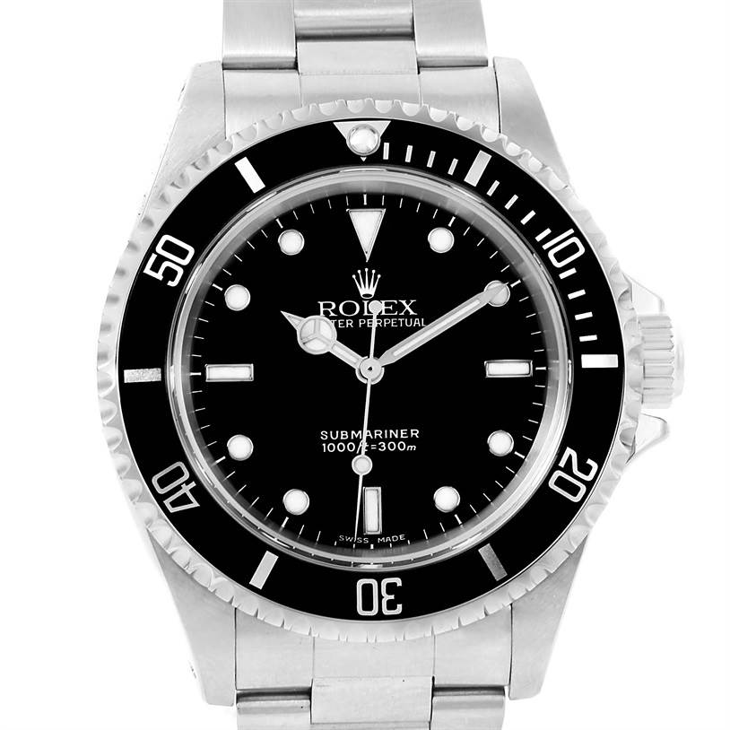 The Rolex Submariner 14060 Men
s Stainless Steel Black Dial 14060 Men
s Stainless Steel Black Dial watch is shown from a front angle, displaying the dial, bezel, and part of the bracelet.