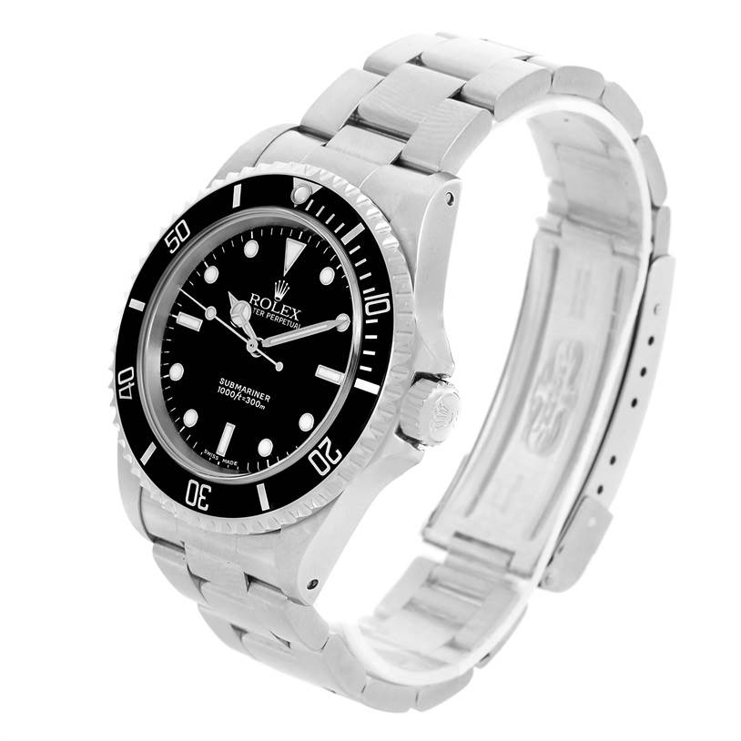 The image shows a slightly angled view of a Rolex Submariner 14060 Men
s Stainless Steel Black Dial 14060 Men
s Stainless Steel Black Dial watch, highlighting its face, bezel, crown, and bracelet.