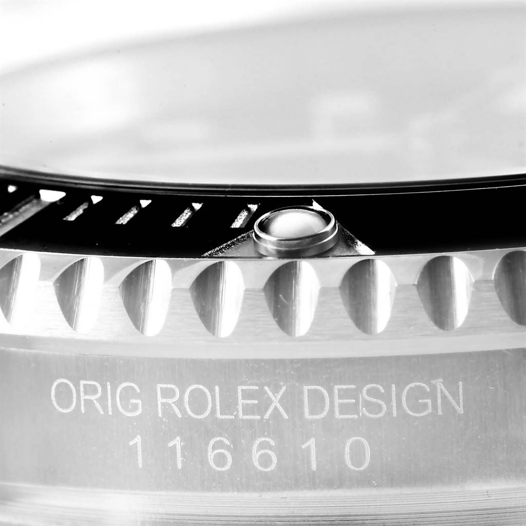 This image shows a close-up angle of a Rolex Submariner 114060 Men
s Stainless Steel Black Dial 114060 Men
s Stainless Steel Black Dial watch bezel and case, featuring the model number 116610.