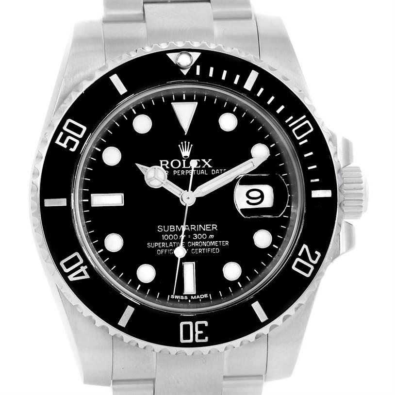 The image shows a front angle of the Rolex Submariner 116610 Men
s Stainless Steel Black Dial 116610 Men
s Stainless Steel Black Dial watch, highlighting the black dial, bezel, and date display.
