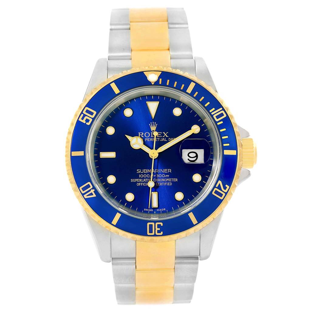 The image shows a front view of a Rolex Submariner 16613 Men's Steel and Gold (two tone) Blue Dial 16613 Men's Steel and Gold (two tone) Blue Dial watch with a blue dial and a two-tone metal band.