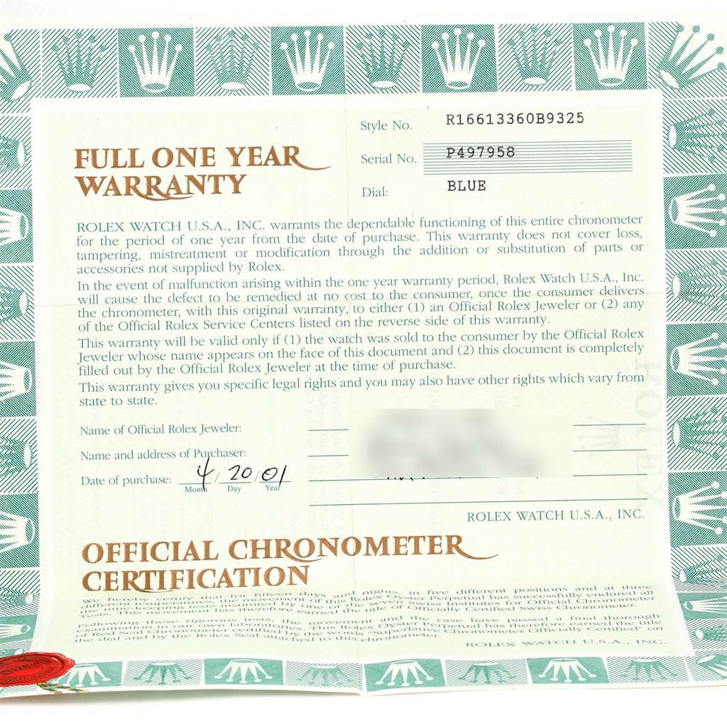 This image shows the official chronometer certification and full one-year warranty document for a Rolex Submariner 16613 Men's Steel and Gold (two tone) Blue Dial 16613 Men's Steel and Gold (two tone) Blue Dial watch.