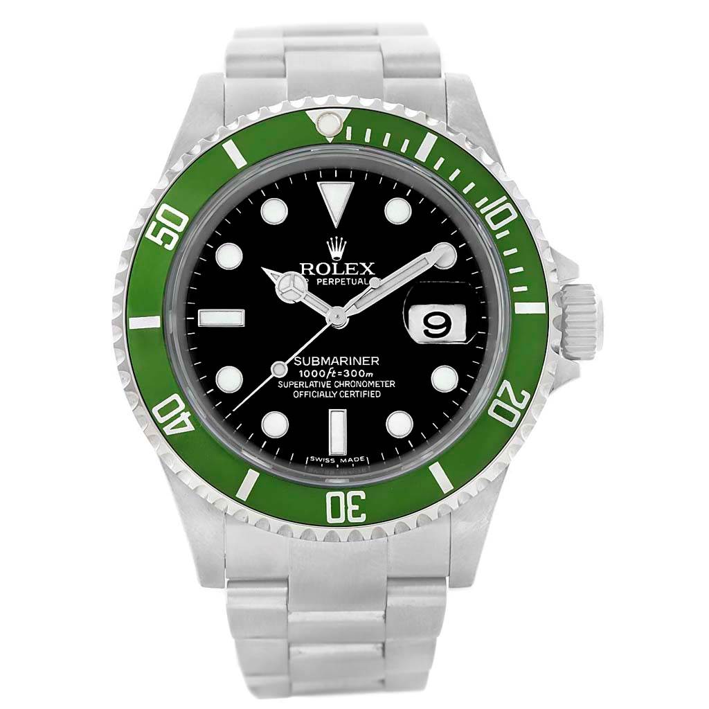 This Rolex Submariner 16610LV Men
s Stainless Steel Black Dial 16610LV Men
s Stainless Steel Black Dial watch is shown from a direct front angle, featuring a green bezel, black dial, and stainless steel bracelet.
